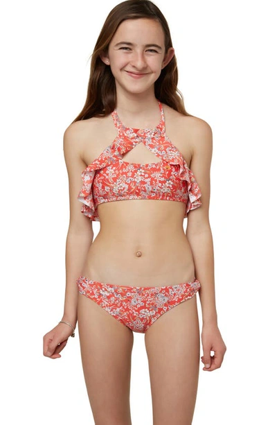 Shop O'neill Kids' Piper High Neck Two-piece Swimsuit In Bittersweet Piper Ditsy