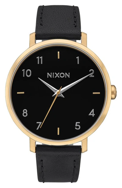 Shop Nixon The Arrow Leather Strap Watch, 38mm In Gold / Black