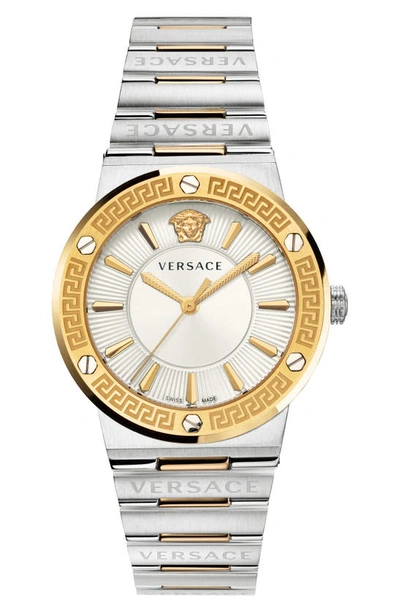 Shop Versace Greca Logo Bracelet Watch, 38mm In Silver/ Gold