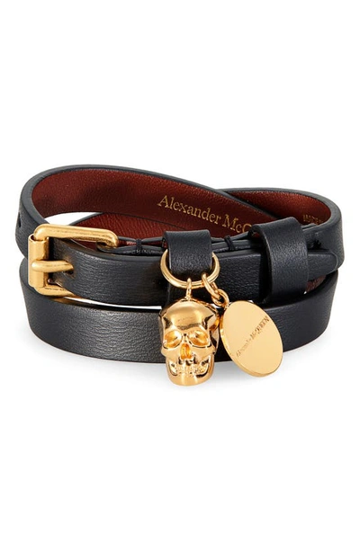 Shop Alexander Mcqueen Skull Charm Leather Double Wrap Bracelet In Black