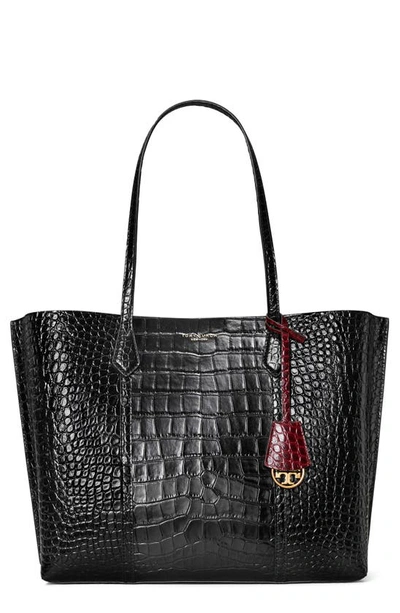 Shop Tory Burch Perry Croc Embossed Leather Tote In Black