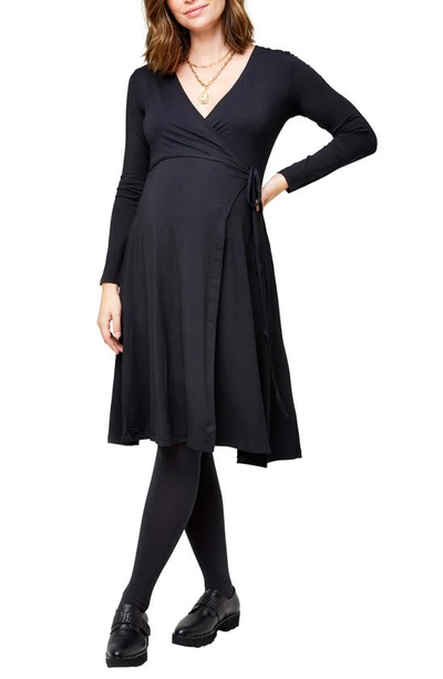 Shop Nom Maternity Tessa Long Sleeve Jersey Maternity/nursing Wrap Dress In Black