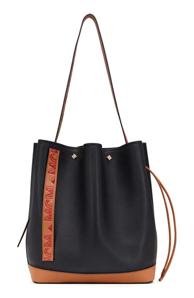 Shop Mcm Medium Milano Leather Bucket Bag In Black