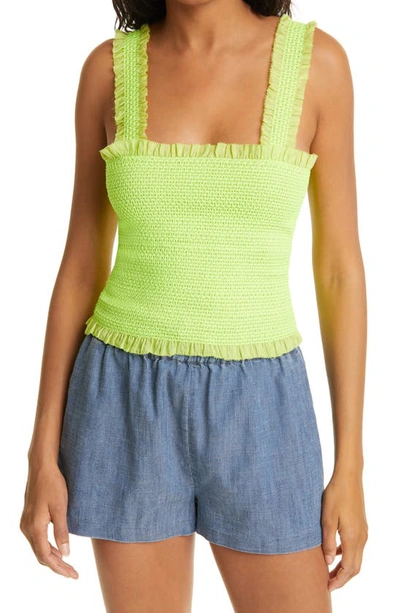 Shop Alice And Olivia Penelope Smocked Ruffle Crop Top In Neon Key Lime
