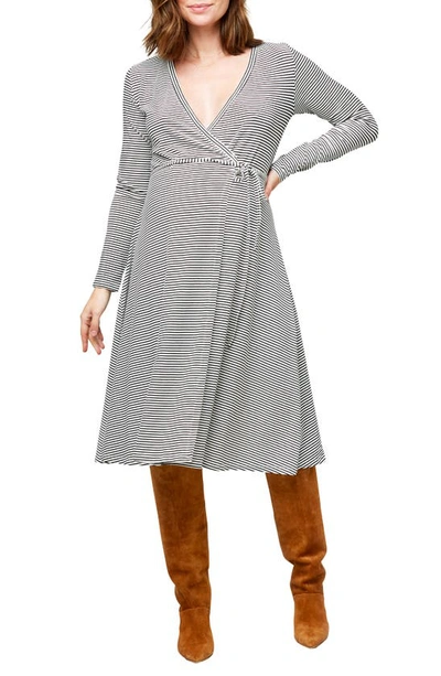 Shop Nom Maternity Tessa Long Sleeve Jersey Maternity/nursing Wrap Dress In Black And White Stripe