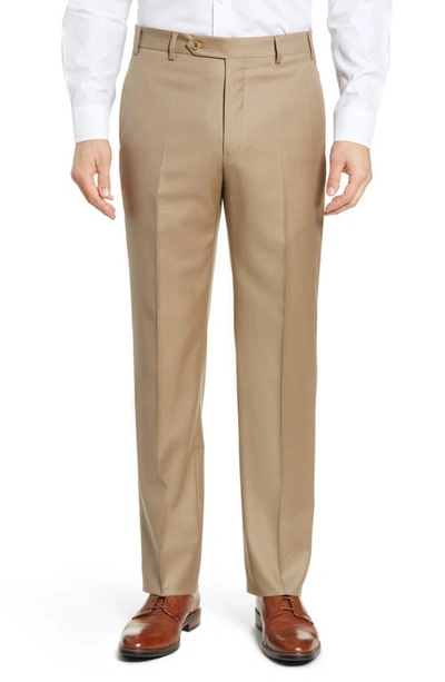 Shop Zanella Todd Relaxed Fit Flat Front Solid Wool Dress Pants In Dark Beige