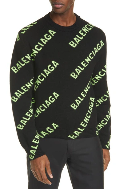 Shop Balenciaga Intarsia Logo Wool Crewneck Sweater In Black/ Acid Green