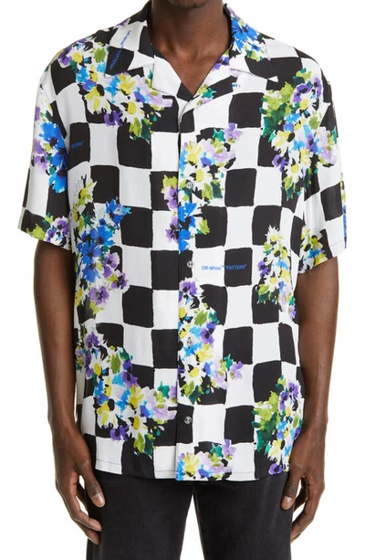 Shop Off-white Check Floral Holiday Short Sleeve Button-up Camp Shirt In Multicolor