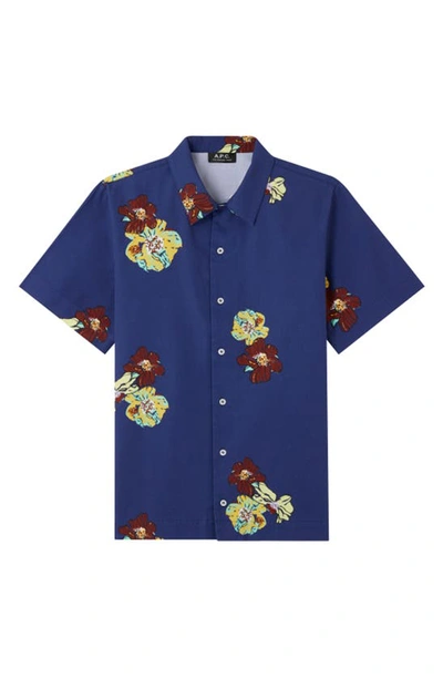 Shop Apc Louis Floral Short Sleeve Button-up Shirt In Dark Navy