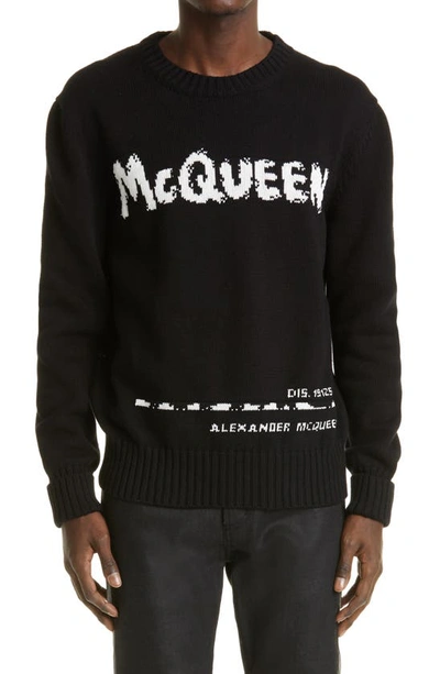 Shop Alexander Mcqueen Graffiti Logo Intarsia Organic Cotton Sweater In Black/ White