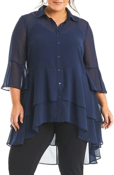 Shop Estelle Amy Ruffle Button-up Top In Navy