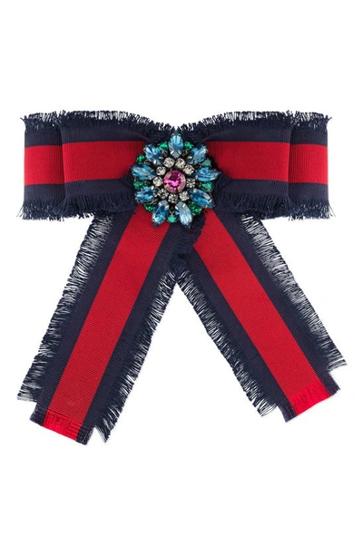 Shop Gucci Web Grosgrain Bow Brooch In Blue/ Red