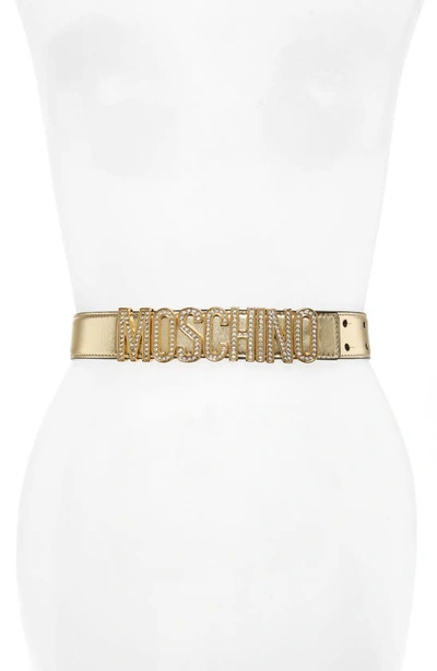 Shop Moschino Jeweled Logo Plaque Metallic Leather Belt In Shiny Gold/ Gold