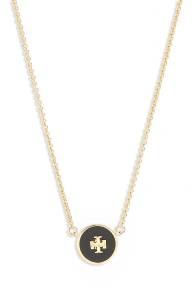 Shop Tory Burch Enamel Pendant Necklace In Tory Gold / Black