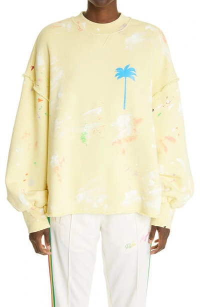 Shop Palm Angels Paint Spatter Oversize Cotton Sweatshirt In Baby Yellow Blue