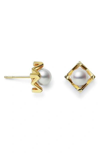 Shop Mikimoto M Cultured Pearl Stud Earrings In Yellow Gold