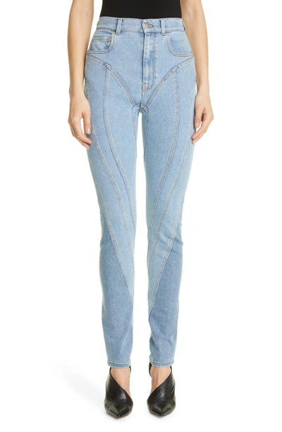 Shop Mugler Two-tone Stretch Slim-fit Denim Pants In Pale Blue / Pale Blue