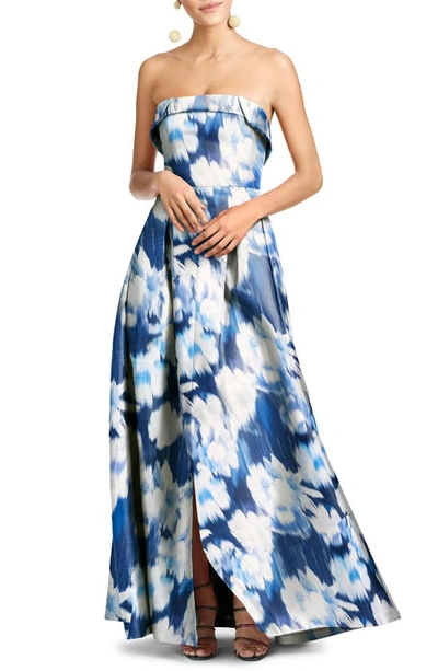 Shop Sachin & Babi Brielle Floral Strapless Gown In Blue Ikat Floral