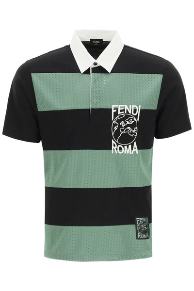 Shop Fendi Striped Polo Shirt With Logo Embroidery In Black Sage Green