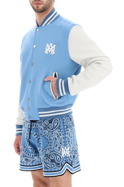 Shop Amiri Letterman Varsity Bomber Jacket In Carolina Blue