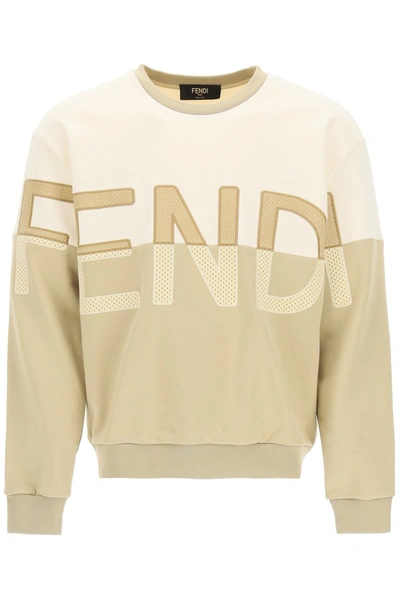 Shop Fendi Crewneck Sweatshirt With Logo In Sand Champagne