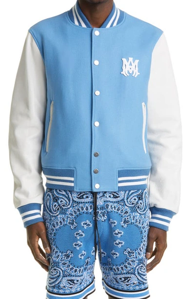 Shop Amiri Logo Patch Leather Sleeve Wool Blend Letterman Jacket In Carolina Blue