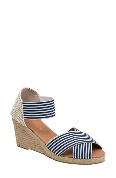 Shop Andre Assous Erika Espadrille Wedge In Navy Stripe Fabric
