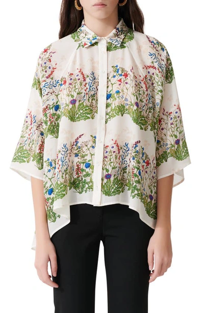 Shop Maje Floral Print Silk Button-up Shirt In Ecru / Green