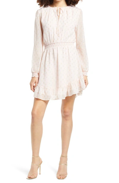 Shop Wayf X Bff Laura Smocked Waist Long Sleeve Minidress In Blush/ Gold Clip Dot