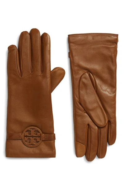 Shop Tory Burch Miller Leather Gloves In Cognac