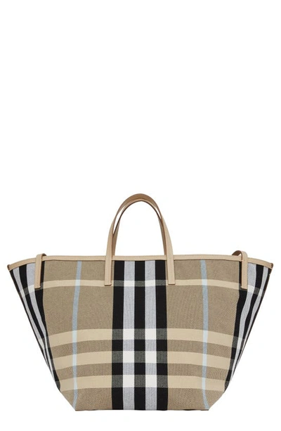 Shop Burberry Medium Beach Check Canvas Tote In Dusty Sand/ Soft Fawn