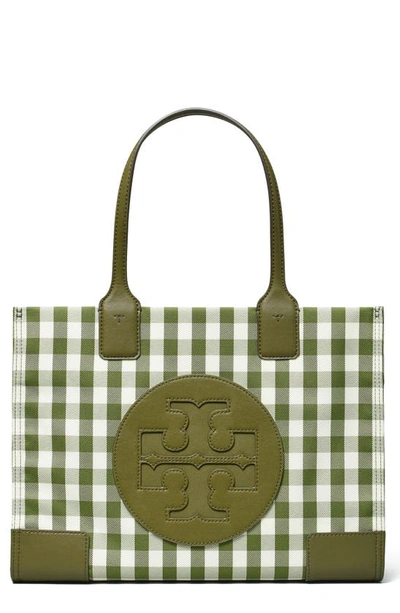 Shop Tory Burch Mini Ella Recycled Tote In Leccio / New Ivory Gingham