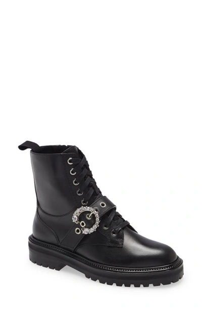 Shop Jimmy Choo Cora Crystal Buckle Combat Boot In Black