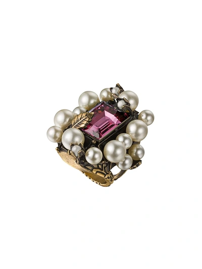 Shop Gucci Ring With Crystal And Pearls In Nero