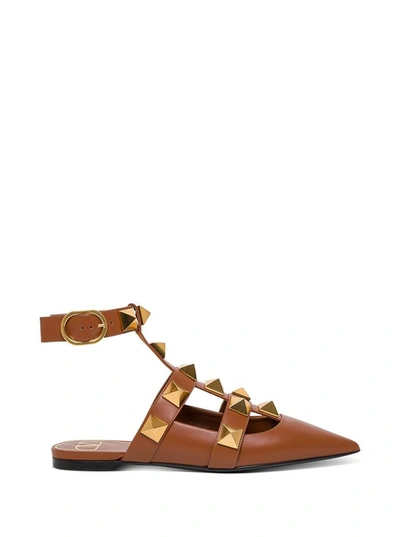 Shop Valentino Brown Leather Roman Stud Mules In Beige