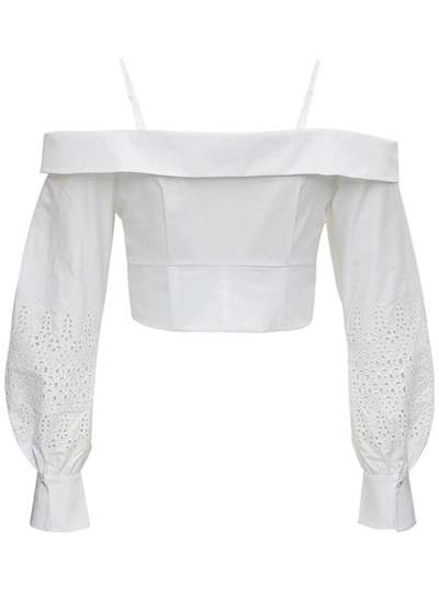 Shop Self-portrait Cropped Cotton Top With Off Shoulders In White