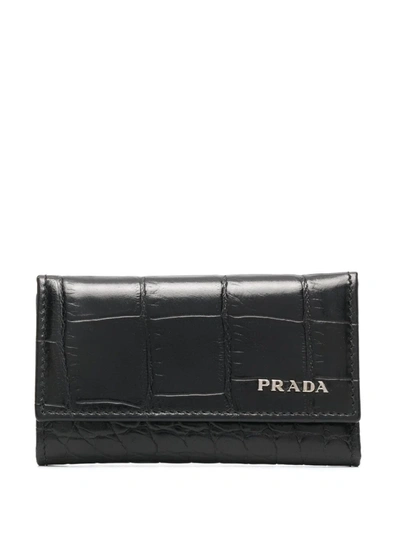 Shop Prada Logo-plaque Croc-effect Keychain In Tabacco