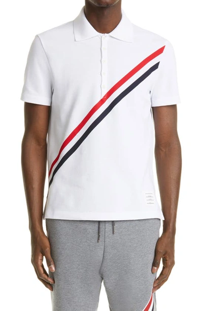 Shop Thom Browne Diagonal Stripe Cotton Pique Polo In White