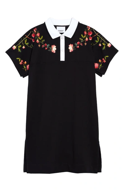 Shop Burberry Kids' Floral Logo Pique Polo Dress In Black
