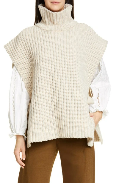 Shop See By Chloé Side Tie Turtleneck Wool Blend Poncho In White Powder
