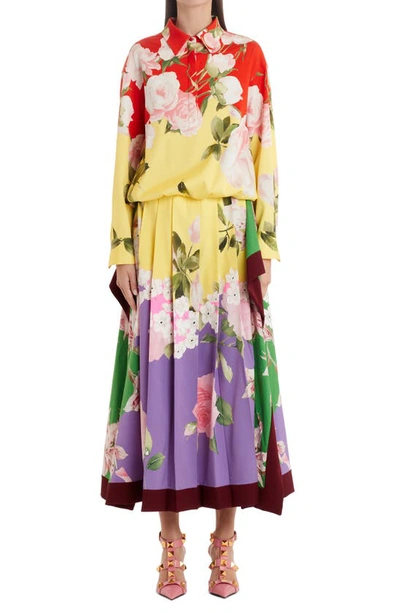 Shop Valentino Floral Print Long Sleeve Stretch Silk Shirtdress In Multicolor. M12