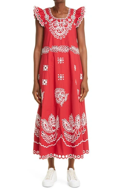 Shop Red Valentino Broderie Anglaise Poplin Midi Dress In Cherry Latte