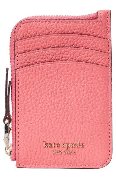 Shop Kate Spade Roulette Leather Zip Cardholder In Peach Melba