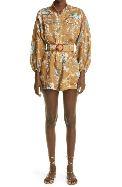 Shop Zimmermann Cassia Long Bishop Sleeve Paneled Romper In Brown Floral