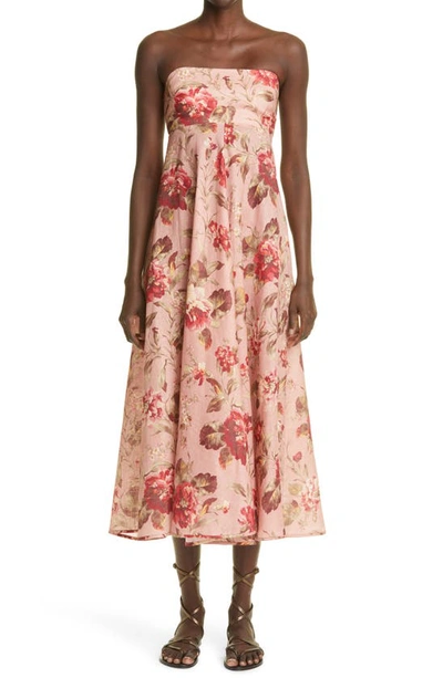 Shop Zimmermann Cassia Floral Print Linen Bandeau Midi Dress In Musk Floral