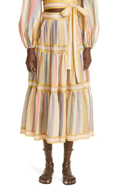 Shop Zimmermann Mae Stripe Tiered Midi Skirt In Multi Stripe