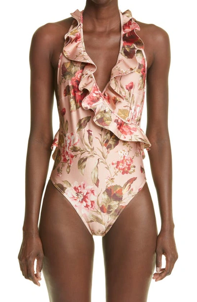 Shop Zimmermann Cassia Floral Print Frill Wrap One-piece Swimsuit In Musk Floral