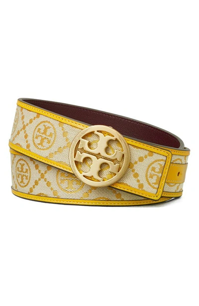 Shop Tory Burch T Monogram Jacquard & Leather Reversible Belt In Goldfinch