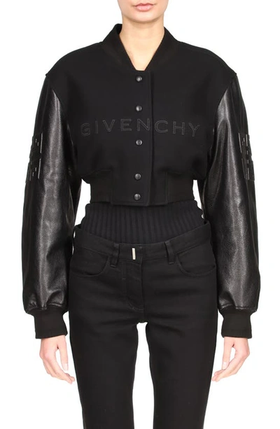 Shop Givenchy Leather Sleeve Logo Crop Varsity Jacket In Black