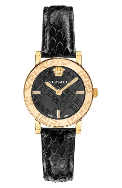 Shop Versace Greca Glass Snakeskin Strap Watch, 32mm In Gold